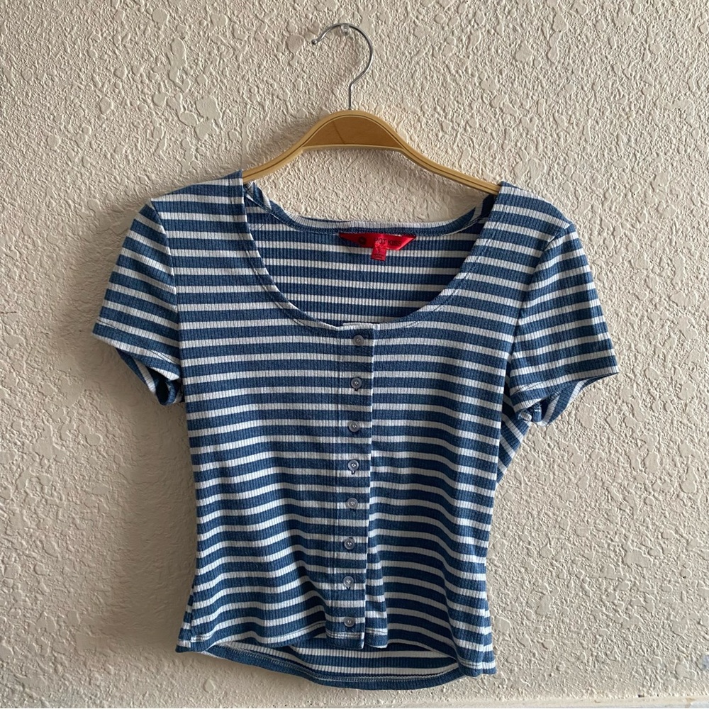 Blue White Striped Button Crop Top Hot Kiss